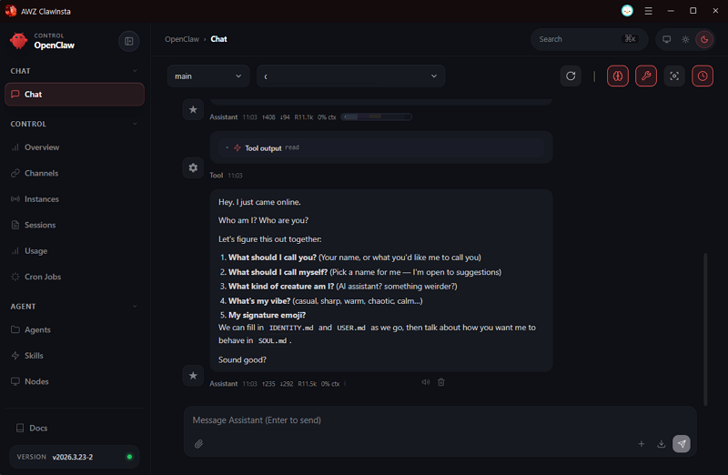 AWZ ClawInsta chat with OpenClaw AI agent