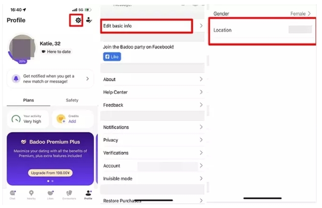 Change location on Badoo app